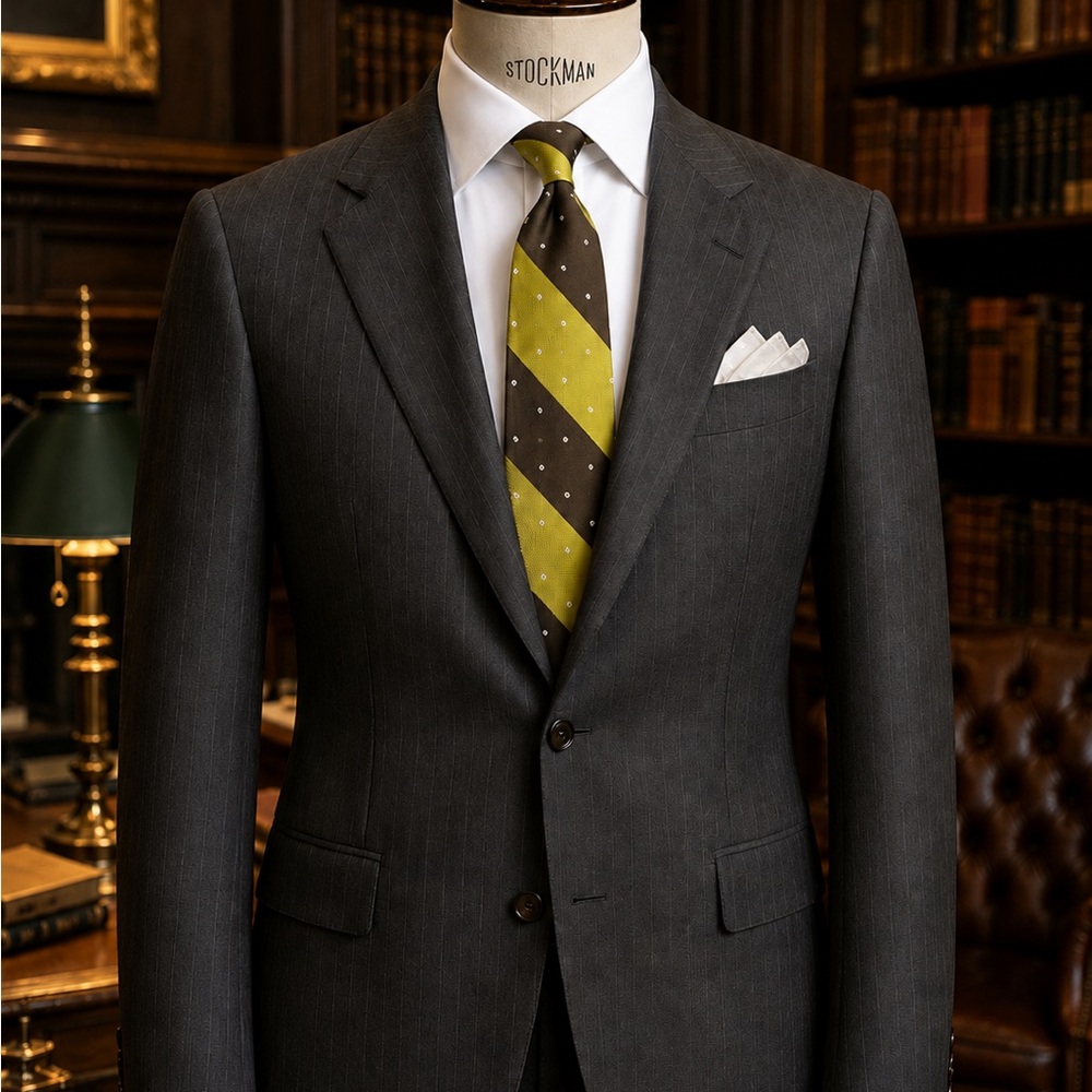 Isaia Charcoal Pinstripe Wool Suit with Robert Talbott Olive-Stripe Silk Tie